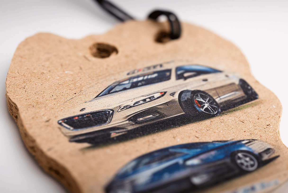 gros plan texture carton et découpe d’une sentorette automobile personnalisée